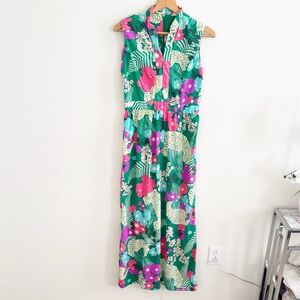 Vintage 60s vibrant tropical floral geometric print sleeveless maxi dress size M